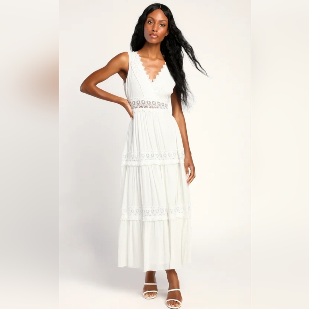 Lulu's Spanish Sun White Sleeveless Tiered Lace Maxi Dress
